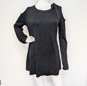 Black Cold Shoulder Long Length Sweater Or Sweater Dress With Chiffon Tie